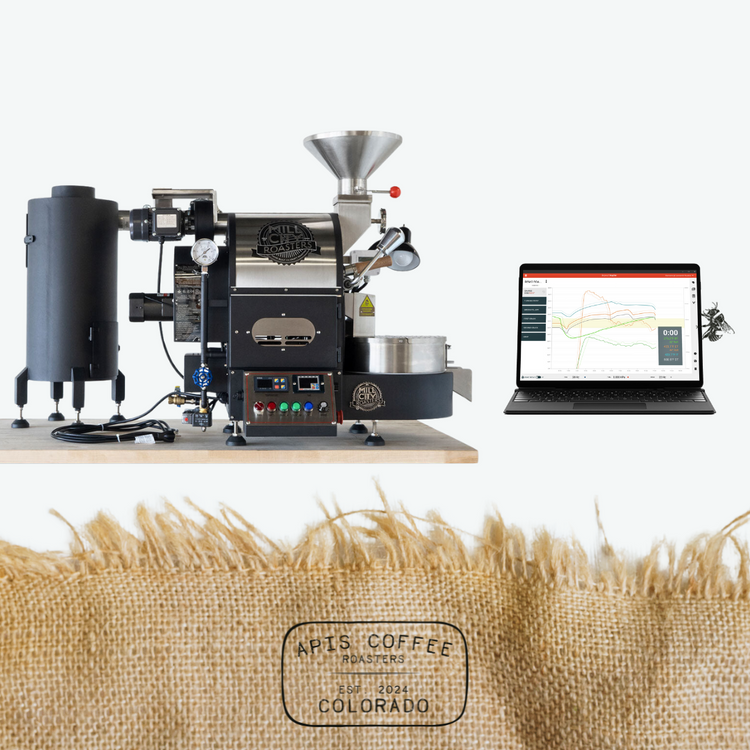 The Apis Coffee drum roaster above a burlap coffee sack stamped Apis Coffee Roasters, Colorado